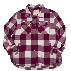 Plaid Shacket Jacket Burgundy Cream Large Button‎ Down Fall Layering Piece
